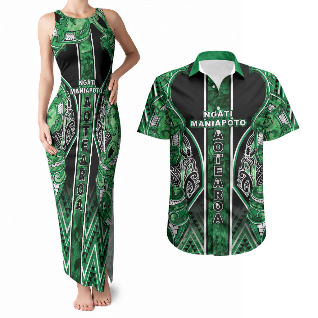 Aotearoa Ngati Maniapoto Couples Matching Tank Maxi Dress and Hawaiian Shirt Maori Tribal Green Paua Shell Pattern DT05 Green - Polynesian Pride