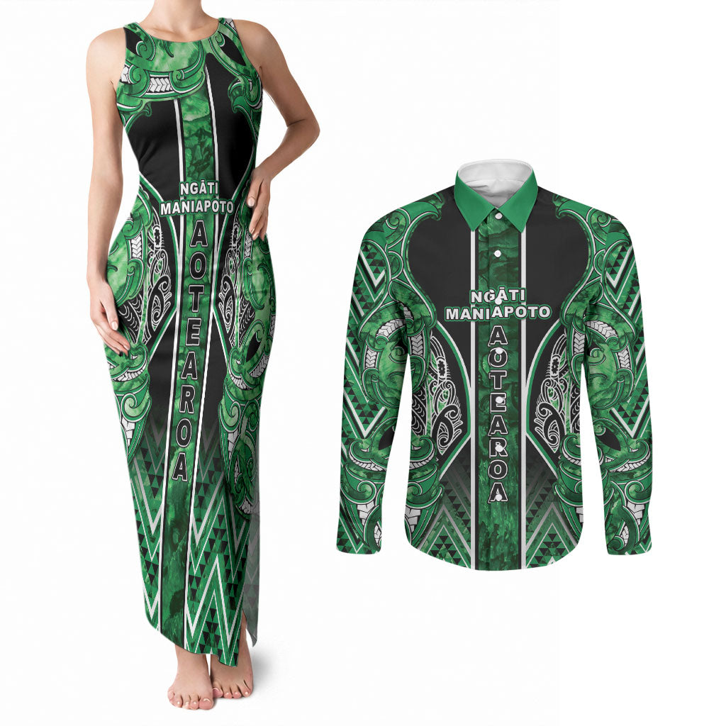 Aotearoa Ngati Maniapoto Couples Matching Tank Maxi Dress and Long Sleeve Button Shirt Maori Tribal Green Paua Shell Pattern DT05 Green - Polynesian Pride