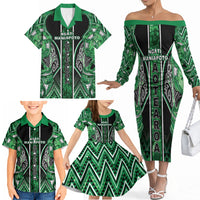 Aotearoa Ngati Maniapoto Family Matching Off The Shoulder Long Sleeve Dress and Hawaiian Shirt Maori Tribal Green Paua Shell Pattern DT05 - Polynesian Pride