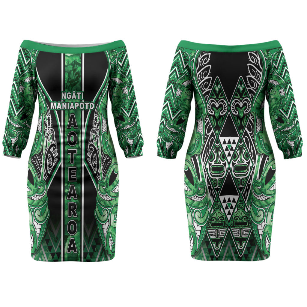 Aotearoa Ngati Maniapoto Family Matching Off The Shoulder Long Sleeve Dress and Hawaiian Shirt Maori Tribal Green Paua Shell Pattern DT05 Mom's Dress Green - Polynesian Pride