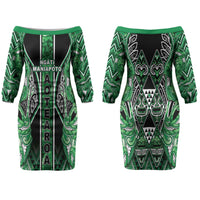 Aotearoa Ngati Maniapoto Family Matching Off The Shoulder Long Sleeve Dress and Hawaiian Shirt Maori Tribal Green Paua Shell Pattern DT05 Mom's Dress Green - Polynesian Pride