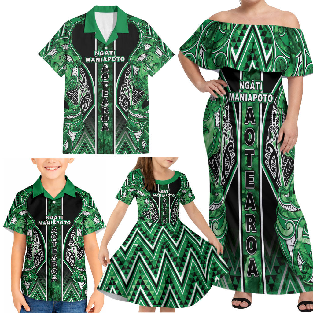 Aotearoa Ngati Maniapoto Family Matching Off Shoulder Maxi Dress and Hawaiian Shirt Maori Tribal Green Paua Shell Pattern DT05 - Polynesian Pride