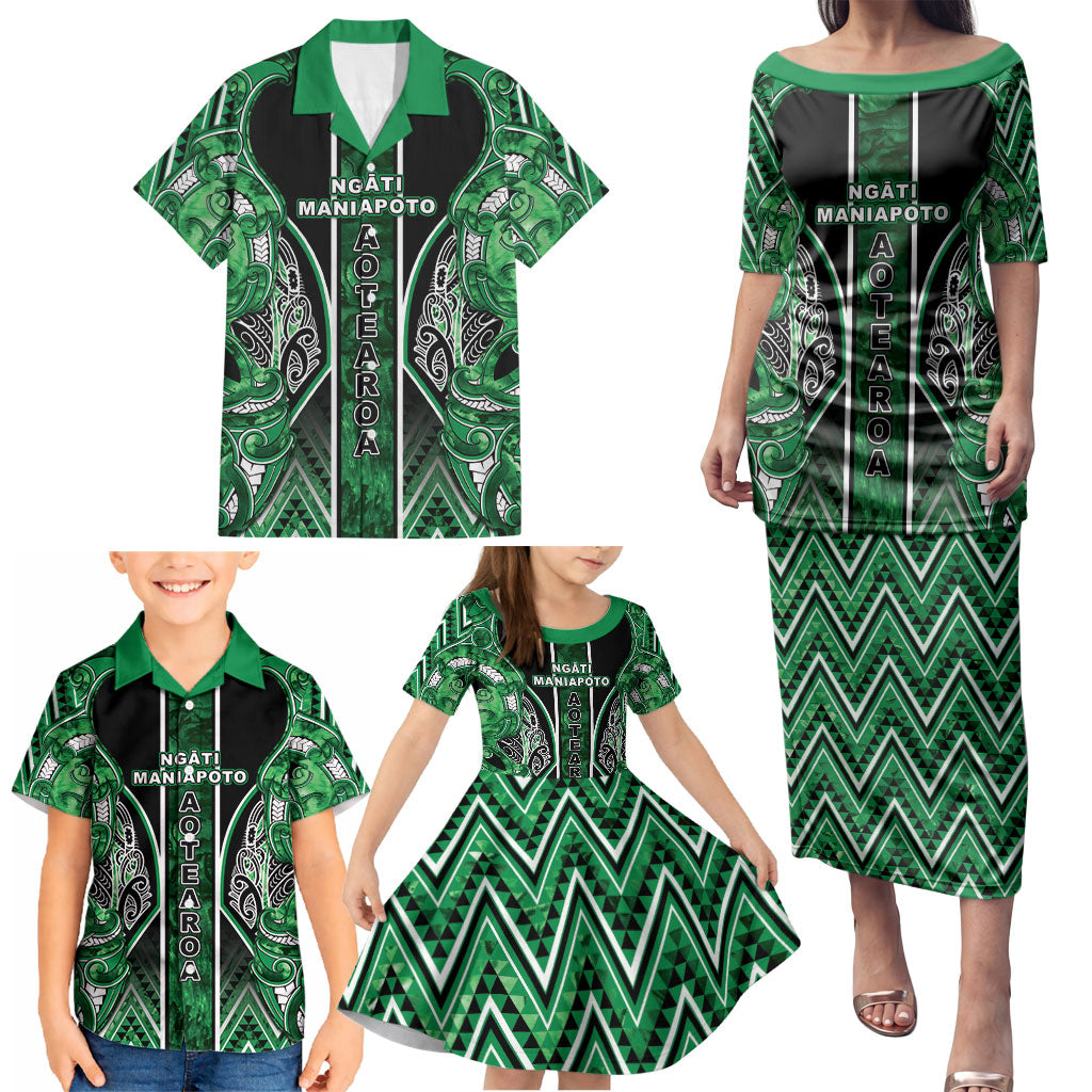 Aotearoa Ngati Maniapoto Family Matching Puletasi and Hawaiian Shirt Maori Tribal Green Paua Shell Pattern DT05 - Polynesian Pride
