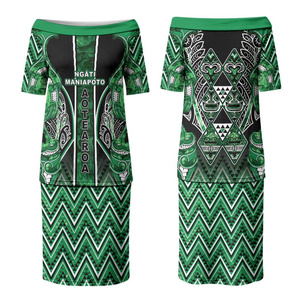 Aotearoa Ngati Maniapoto Family Matching Puletasi and Hawaiian Shirt Maori Tribal Green Paua Shell Pattern DT05 Mom's Dress Green - Polynesian Pride