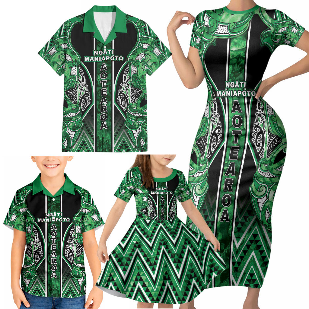 Aotearoa Ngati Maniapoto Family Matching Short Sleeve Bodycon Dress and Hawaiian Shirt Maori Tribal Green Paua Shell Pattern DT05 - Polynesian Pride