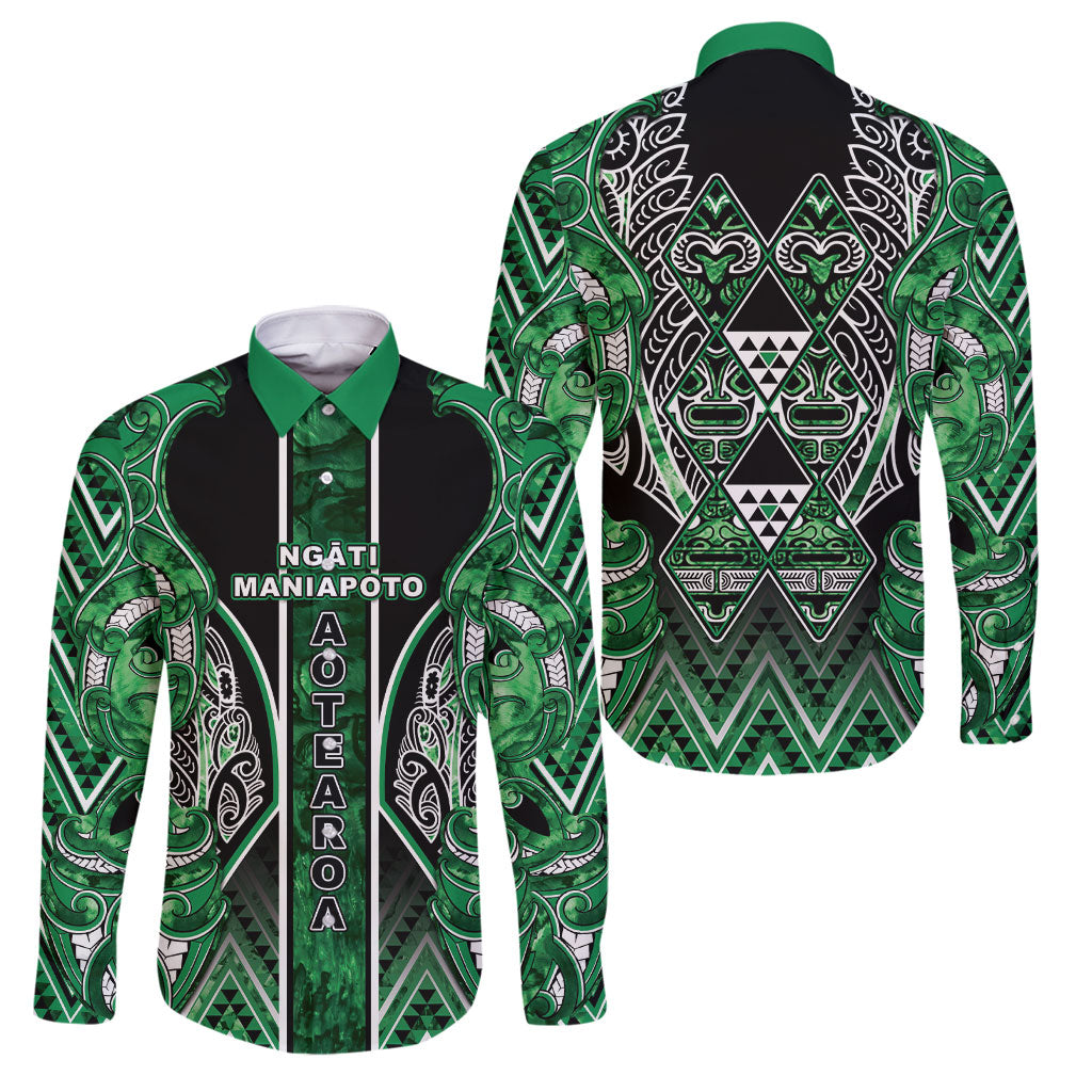 Aotearoa Ngati Maniapoto Family Matching Tank Maxi Dress and Hawaiian Shirt Maori Tribal Green Paua Shell Pattern DT05 Dad's Shirt - Long Sleeve Green - Polynesian Pride