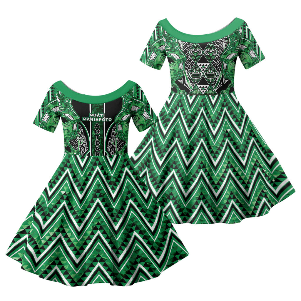 Aotearoa Ngati Maniapoto Family Matching Tank Maxi Dress and Hawaiian Shirt Maori Tribal Green Paua Shell Pattern DT05 Daughter's Dress Green - Polynesian Pride