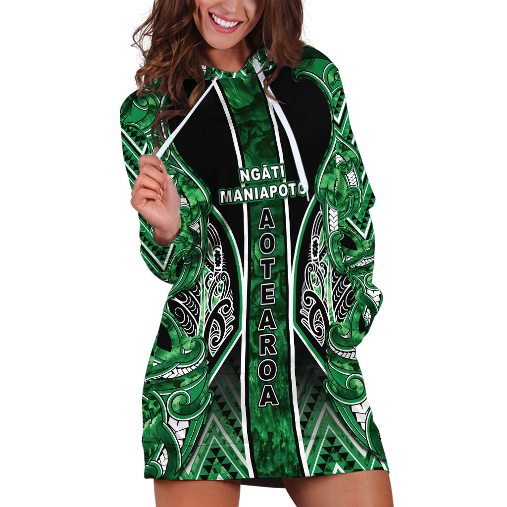 Aotearoa Ngati Maniapoto Hoodie Dress Maori Tribal Green Paua Shell Pattern DT05 Green - Polynesian Pride
