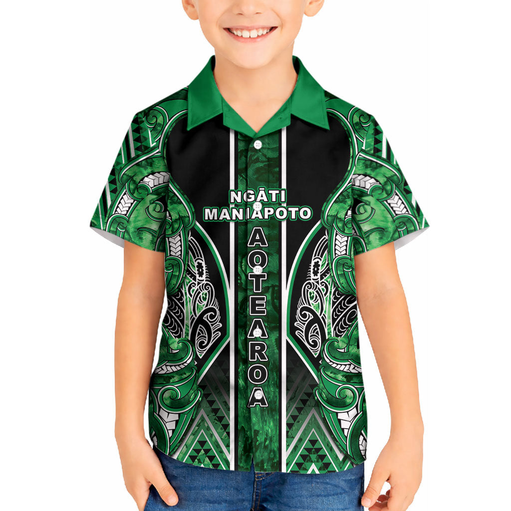 Aotearoa Ngati Maniapoto Kid Hawaiian Shirt Maori Tribal Green Paua Shell Pattern DT05 Kid Green - Polynesian Pride