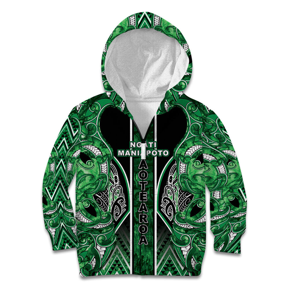 Aotearoa Ngati Maniapoto Kid Hoodie Maori Tribal Green Paua Shell Pattern DT05 Zip Hoodie Green - Polynesian Pride