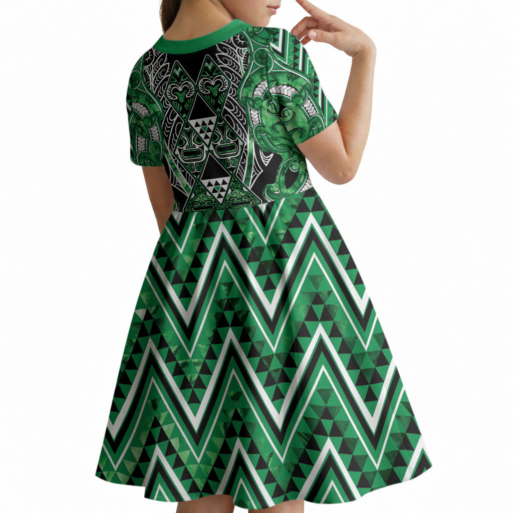 Aotearoa Ngati Maniapoto Kid Short Sleeve Dress Maori Tribal Green Paua Shell Pattern DT05 - Polynesian Pride