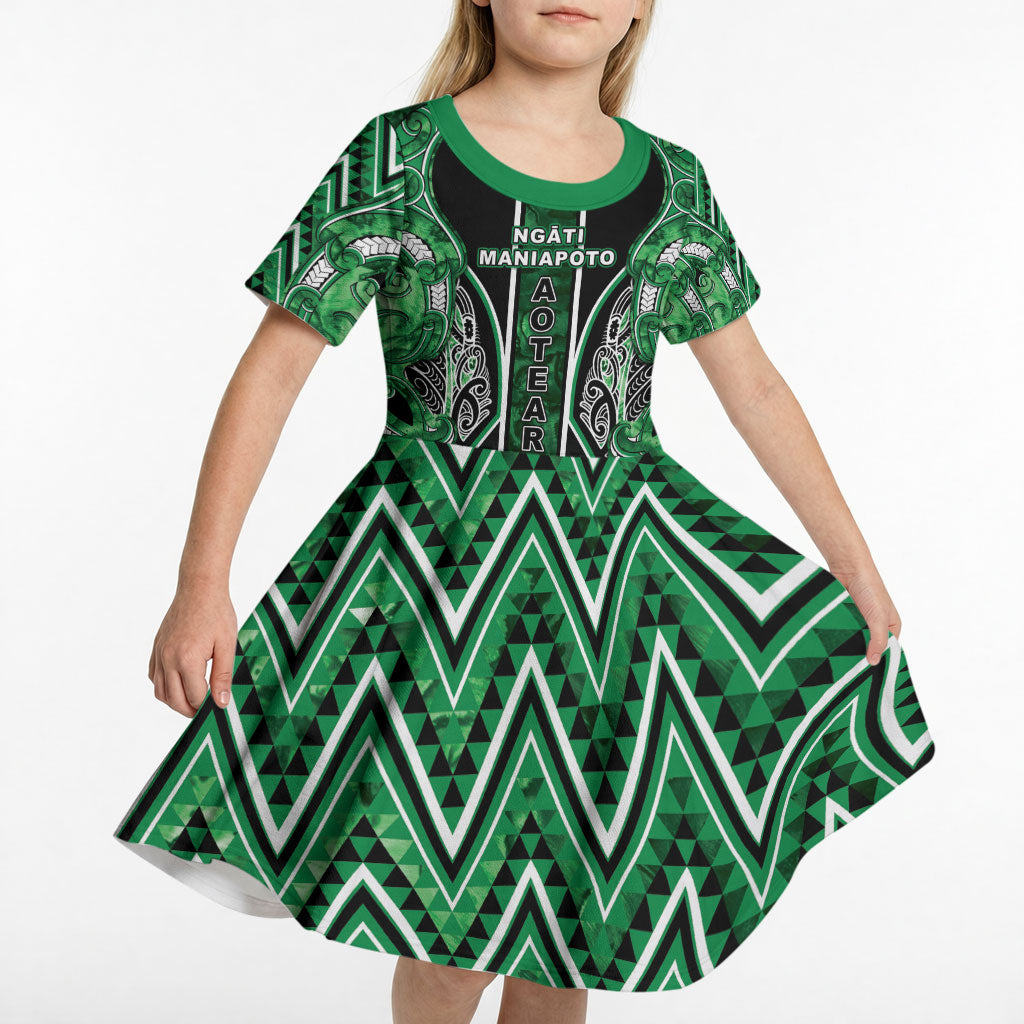 Aotearoa Ngati Maniapoto Kid Short Sleeve Dress Maori Tribal Green Paua Shell Pattern DT05 - Polynesian Pride