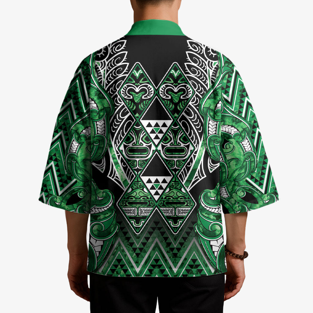 Aotearoa Ngati Maniapoto Kimono Maori Tribal Green Paua Shell Pattern DT05 - Polynesian Pride