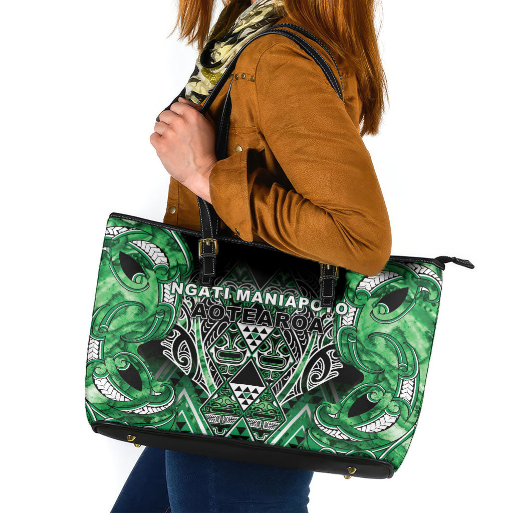 Aotearoa Ngati Maniapoto Leather Tote Bag Maori Tribal Green Paua Shell Pattern DT05 Green - Polynesian Pride
