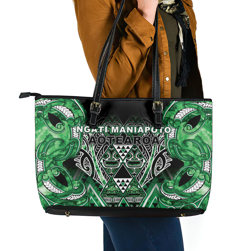 Aotearoa Ngati Maniapoto Leather Tote Bag Maori Tribal Green Paua Shell Pattern DT05 - Polynesian Pride