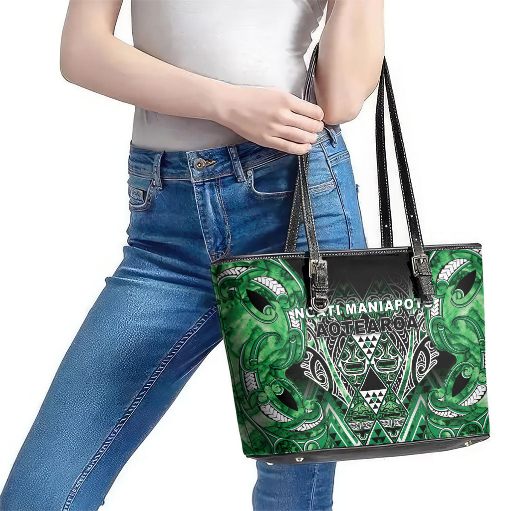 Aotearoa Ngati Maniapoto Leather Tote Bag Maori Tribal Green Paua Shell Pattern DT05 - Polynesian Pride