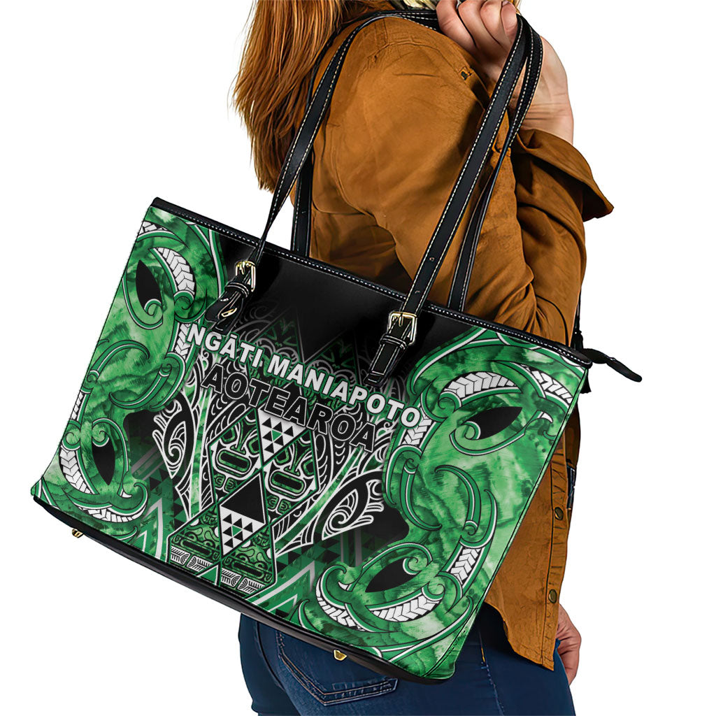 Aotearoa Ngati Maniapoto Leather Tote Bag Maori Tribal Green Paua Shell Pattern DT05 - Polynesian Pride