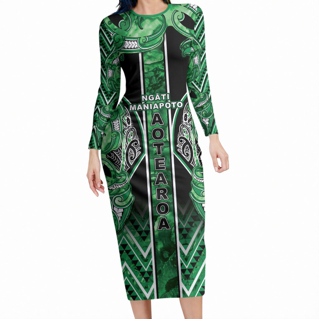 Aotearoa Ngati Maniapoto Long Sleeve Bodycon Dress Maori Tribal Green Paua Shell Pattern DT05 Long Dress Green - Polynesian Pride
