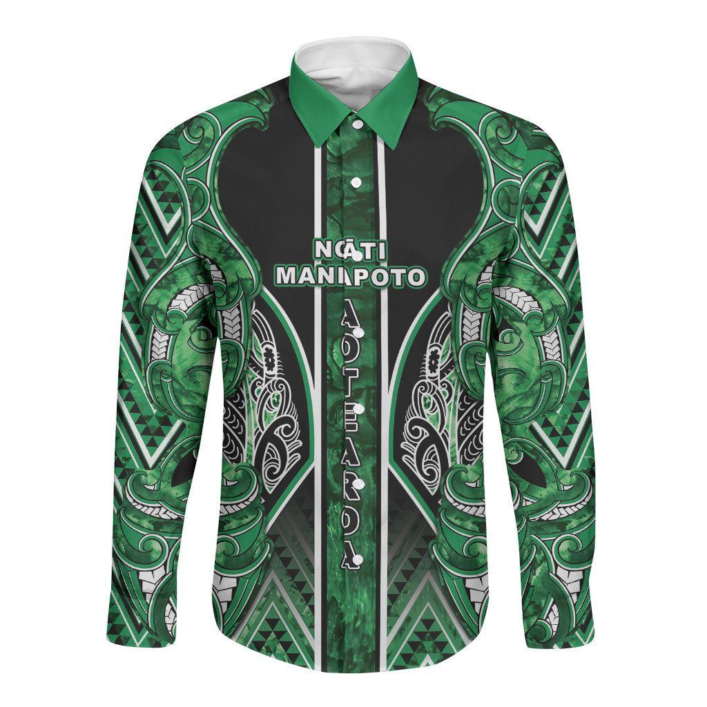 Aotearoa Ngati Maniapoto Long Sleeve Button Shirt Maori Tribal Green Paua Shell Pattern DT05 Unisex Green - Polynesian Pride