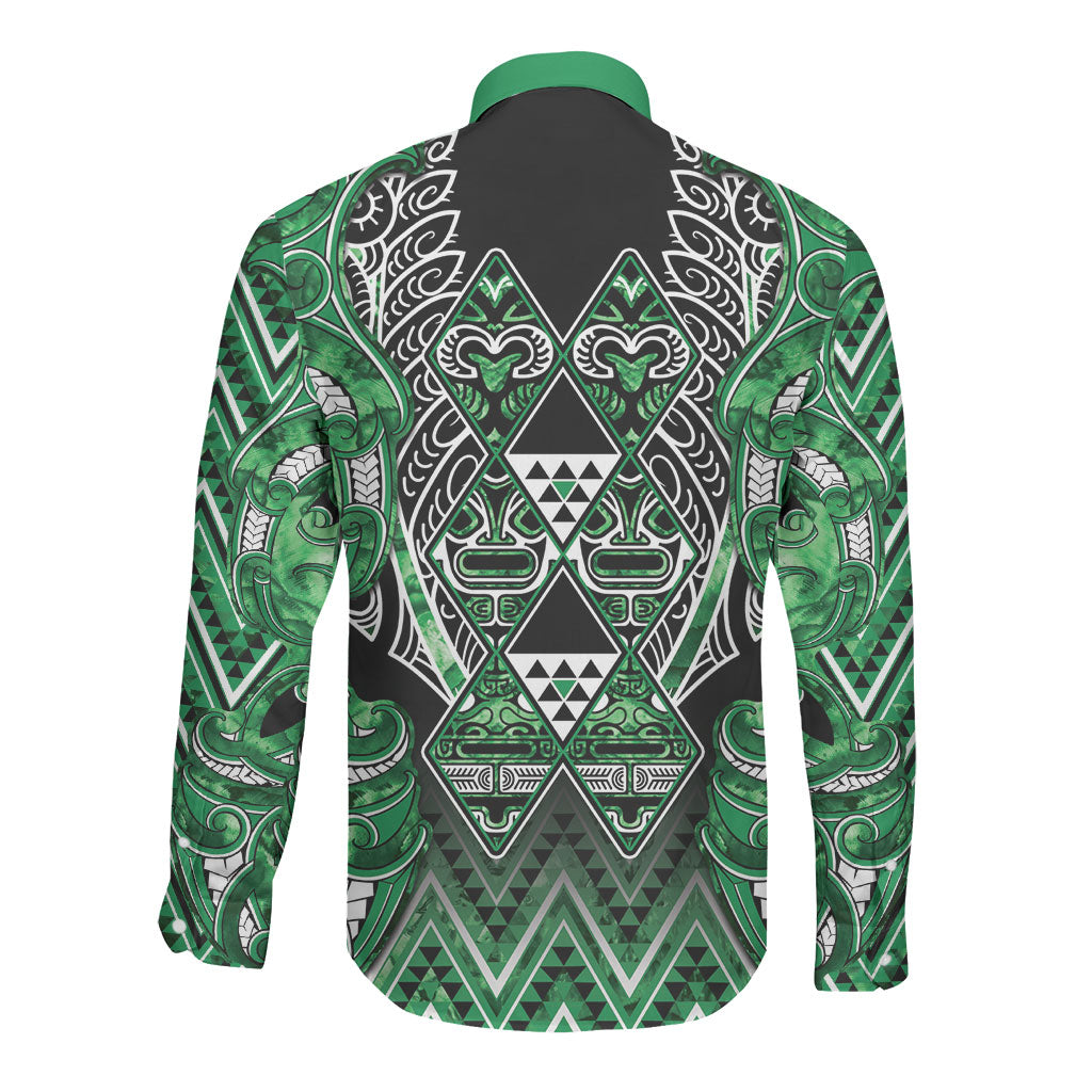 Aotearoa Ngati Maniapoto Long Sleeve Button Shirt Maori Tribal Green Paua Shell Pattern DT05 - Polynesian Pride