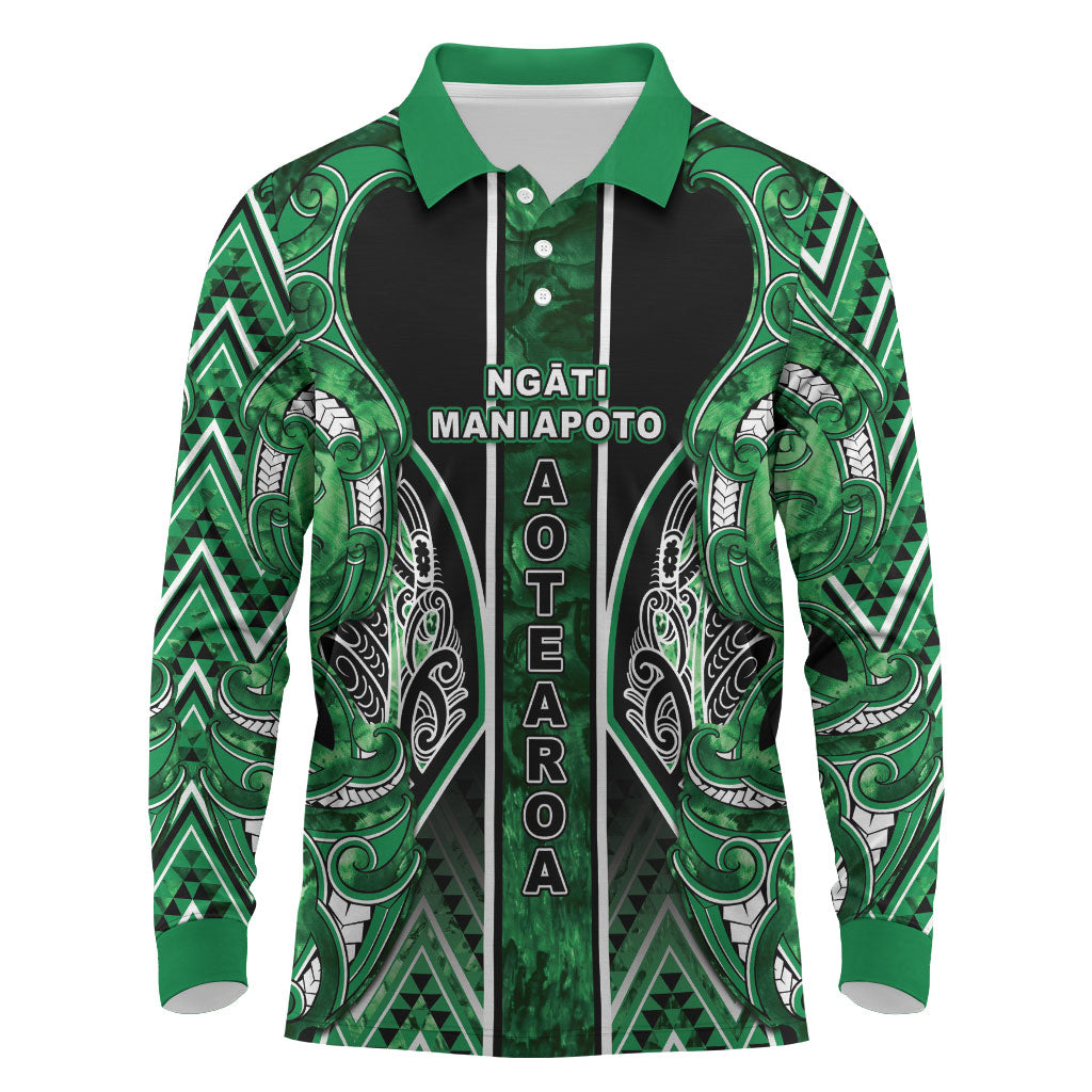 Aotearoa Ngati Maniapoto Long Sleeve Polo Shirt Maori Tribal Green Paua Shell Pattern DT05 Green - Polynesian Pride