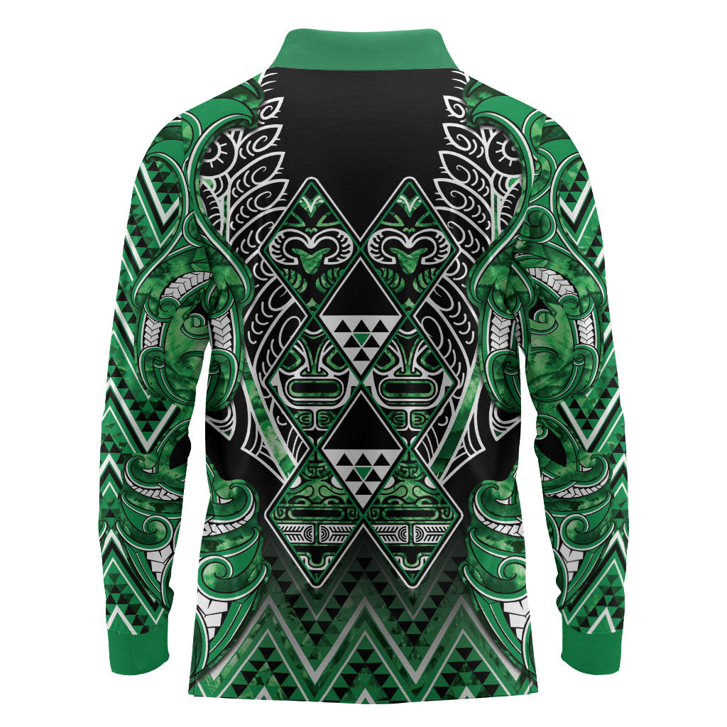 Aotearoa Ngati Maniapoto Long Sleeve Polo Shirt Maori Tribal Green Paua Shell Pattern DT05 - Polynesian Pride