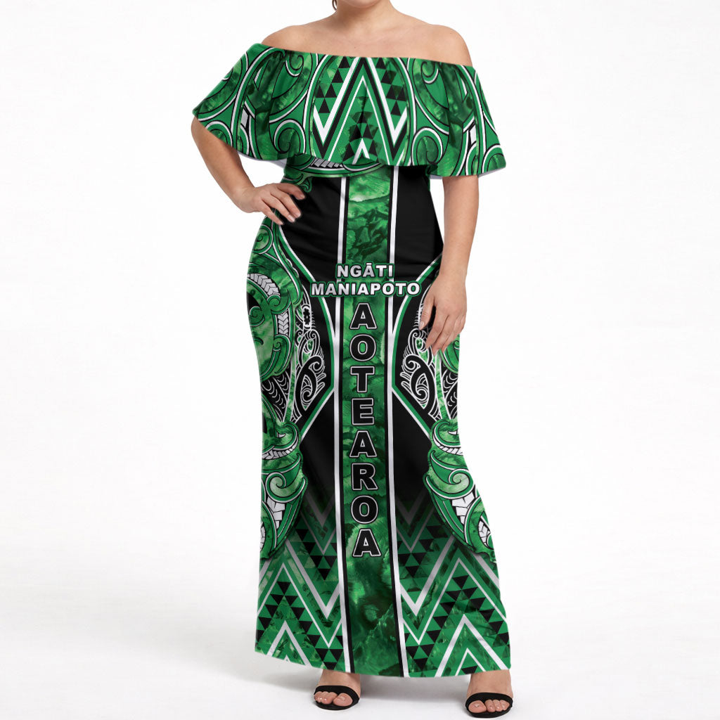 Aotearoa Ngati Maniapoto Off Shoulder Maxi Dress Maori Tribal Green Paua Shell Pattern DT05 Women Green - Polynesian Pride