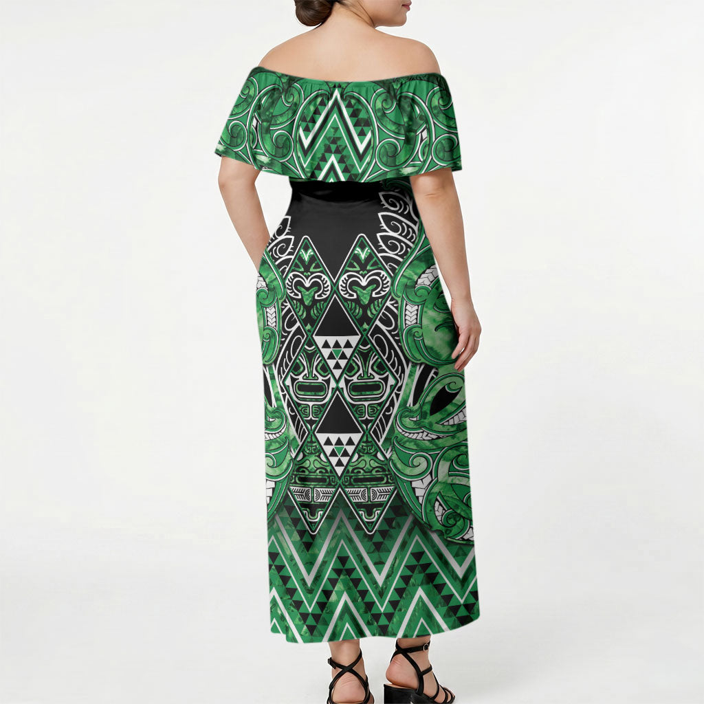 Aotearoa Ngati Maniapoto Off Shoulder Maxi Dress Maori Tribal Green Paua Shell Pattern DT05 - Polynesian Pride