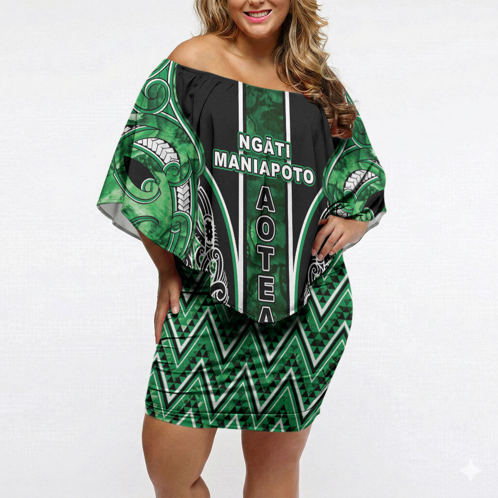 Aotearoa Ngati Maniapoto Off Shoulder Short Dress Maori Tribal Green Paua Shell Pattern DT05 Women Green - Polynesian Pride