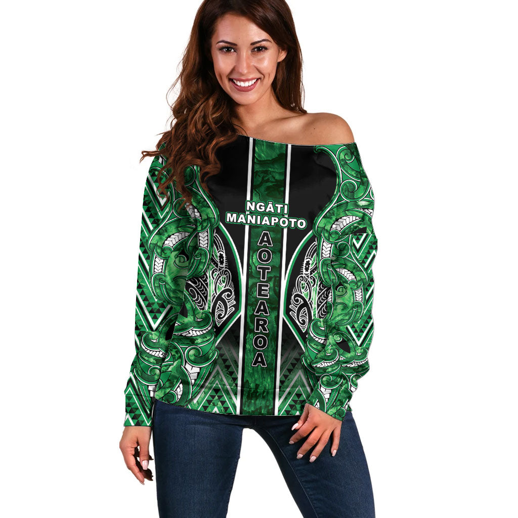Aotearoa Ngati Maniapoto Off Shoulder Sweater Maori Tribal Green Paua Shell Pattern DT05 Women Green - Polynesian Pride