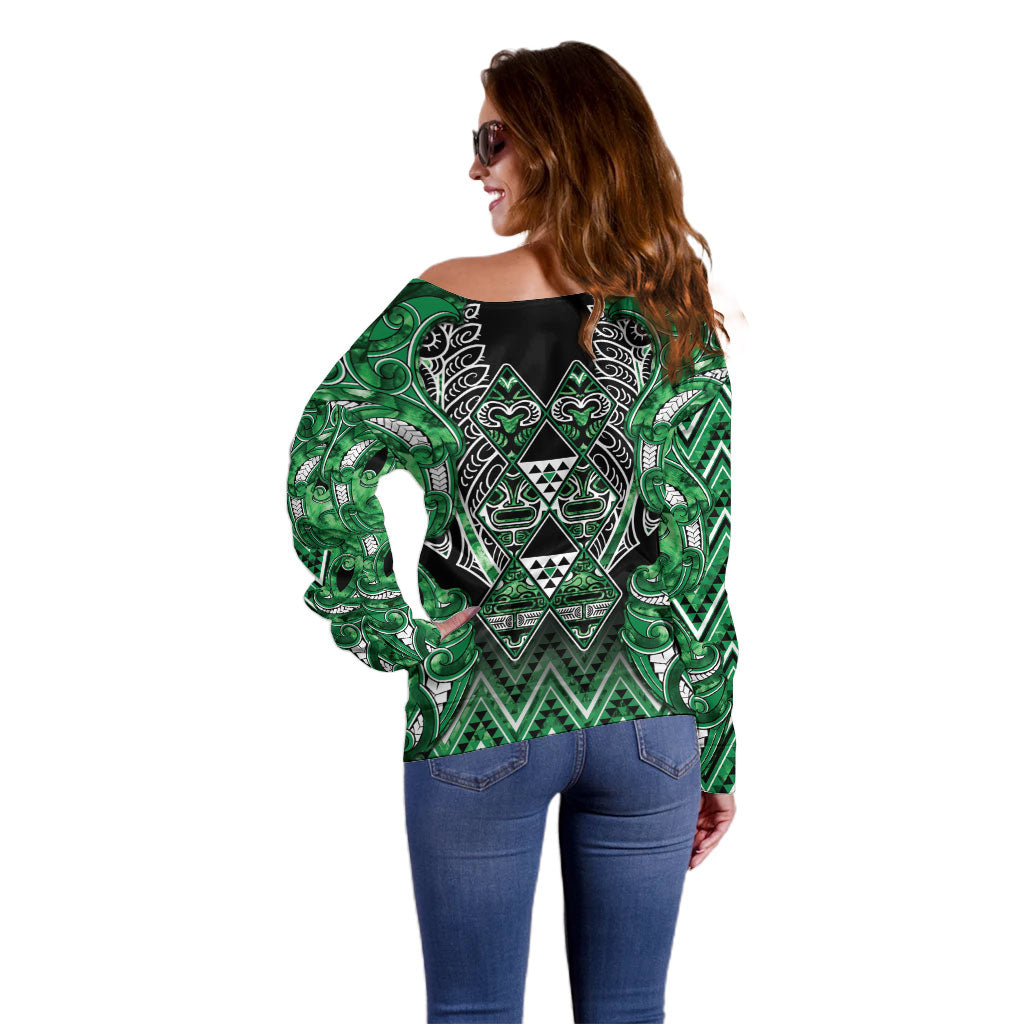 Aotearoa Ngati Maniapoto Off Shoulder Sweater Maori Tribal Green Paua Shell Pattern DT05 - Polynesian Pride