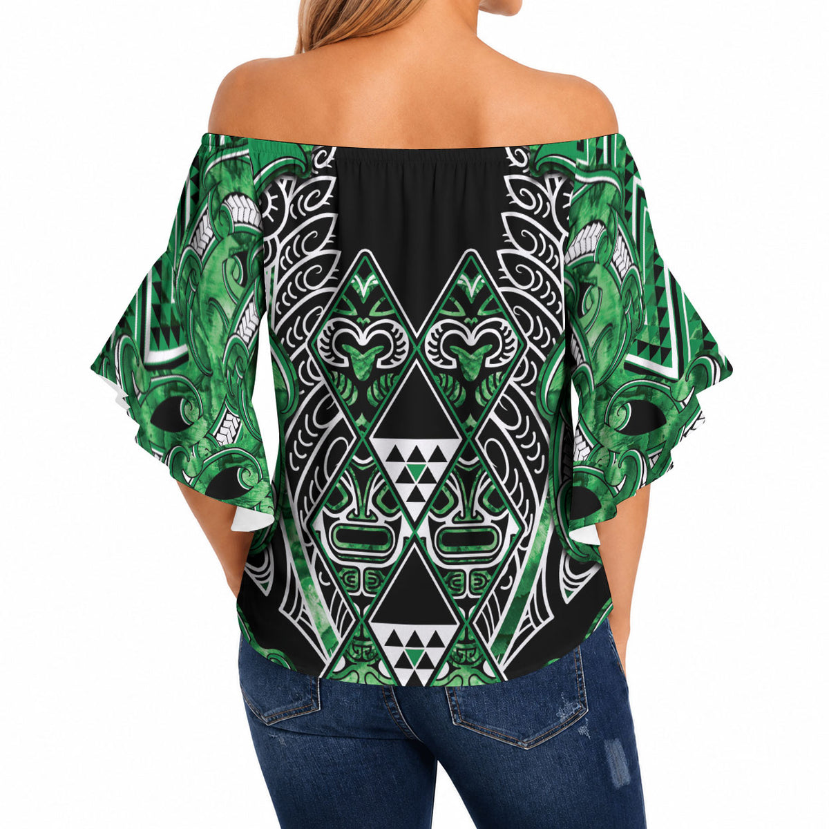 Aotearoa Ngati Maniapoto Off Shoulder Wrap Waist Top Maori Tribal Green Paua Shell Pattern DT05 - Polynesian Pride