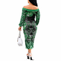Aotearoa Ngati Maniapoto Off The Shoulder Long Sleeve Dress Maori Tribal Green Paua Shell Pattern DT05 - Polynesian Pride