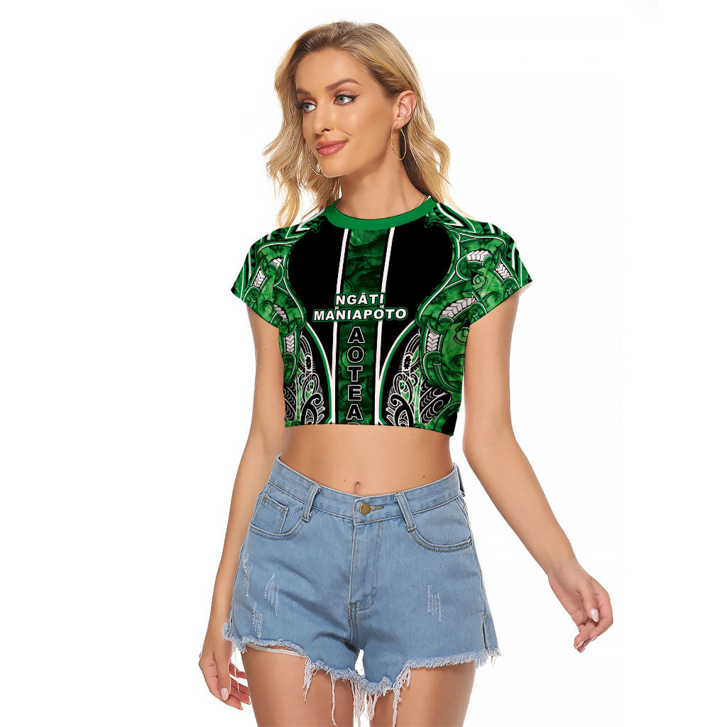 Aotearoa Ngati Maniapoto Raglan Cropped T Shirt Maori Tribal Green Paua Shell Pattern DT05 Female Green - Polynesian Pride