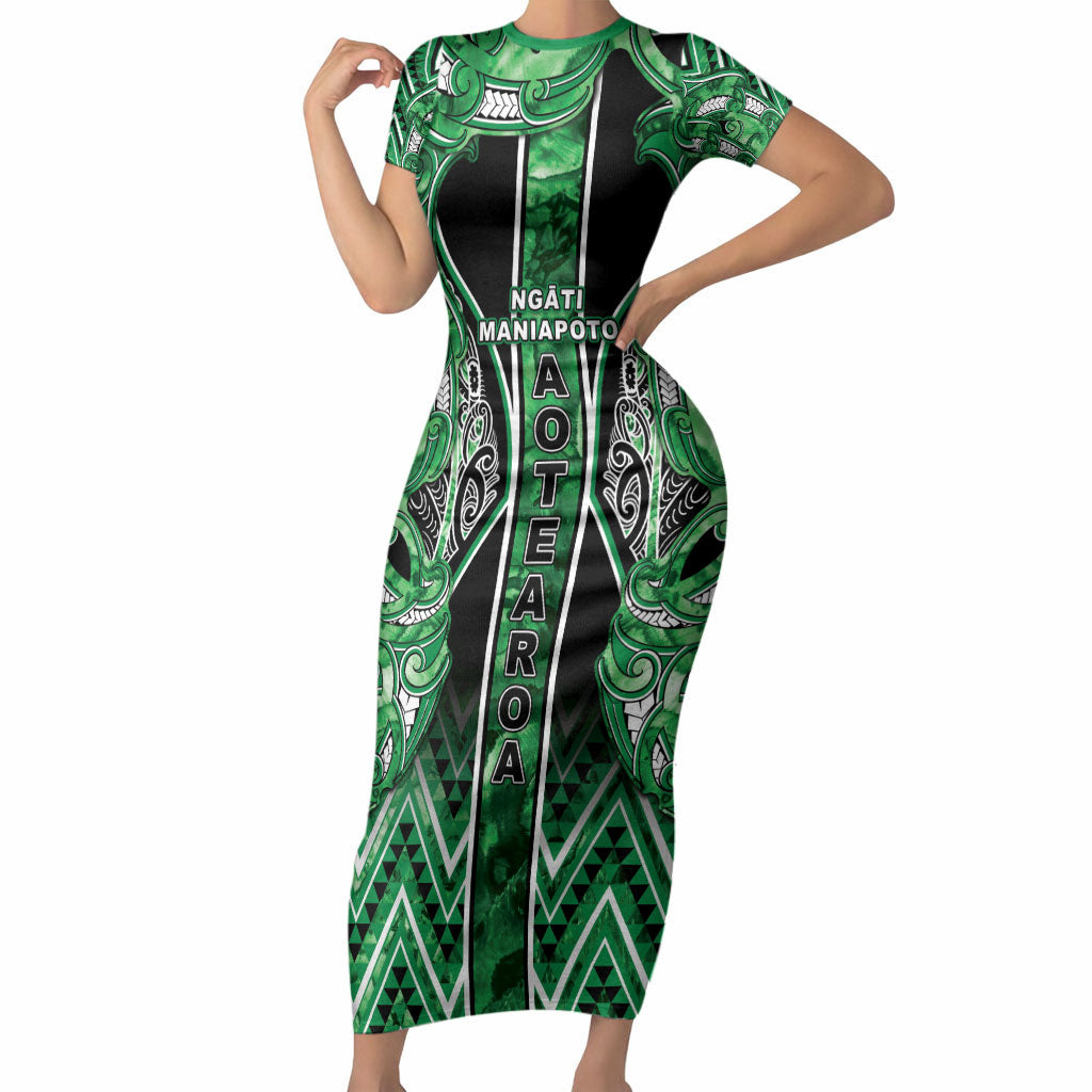 Aotearoa Ngati Maniapoto Short Sleeve Bodycon Dress Maori Tribal Green Paua Shell Pattern DT05 Long Dress Green - Polynesian Pride