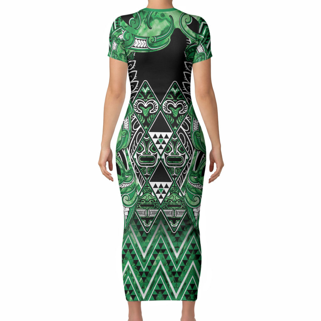 Aotearoa Ngati Maniapoto Short Sleeve Bodycon Dress Maori Tribal Green Paua Shell Pattern DT05 - Polynesian Pride