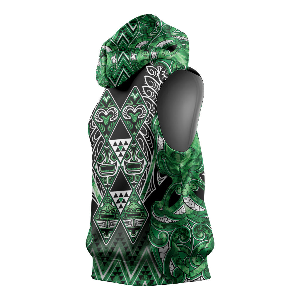 Aotearoa Ngati Maniapoto Sleeveless Hoodie Maori Tribal Green Paua Shell Pattern DT05 - Polynesian Pride