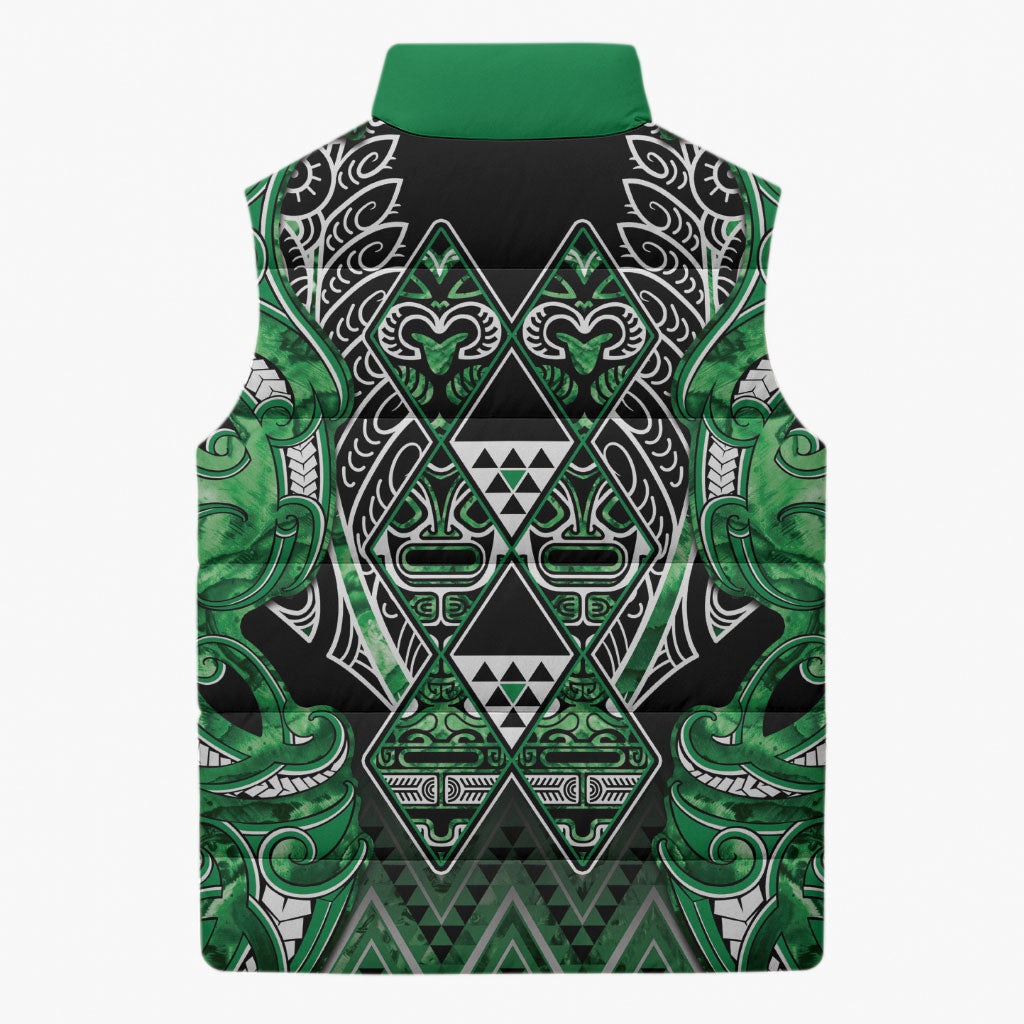 Aotearoa Ngati Maniapoto Sleeveless Puffer Jacket Maori Tribal Green Paua Shell Pattern DT05 - Polynesian Pride