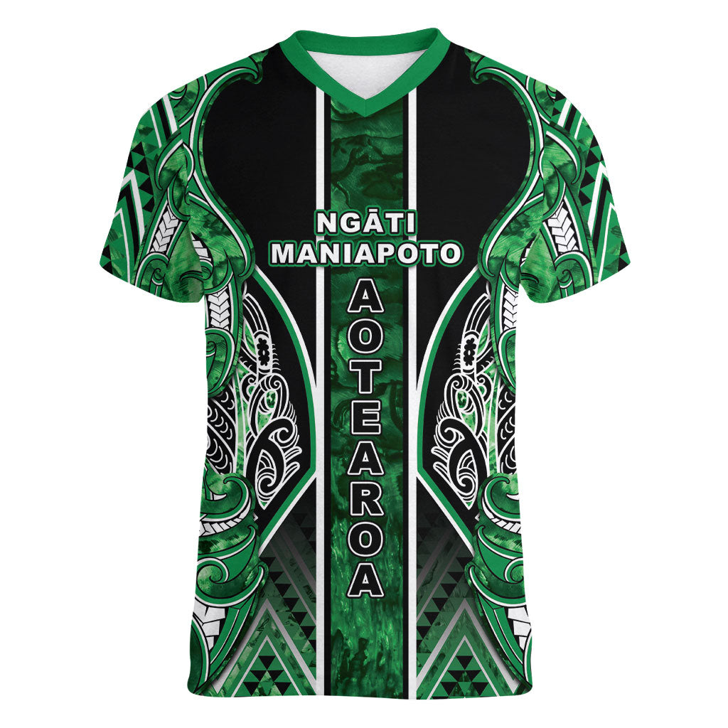 Aotearoa Ngati Maniapoto Women V-Neck T-Shirt Maori Tribal Green Paua Shell Pattern DT05 Female Green - Polynesian Pride