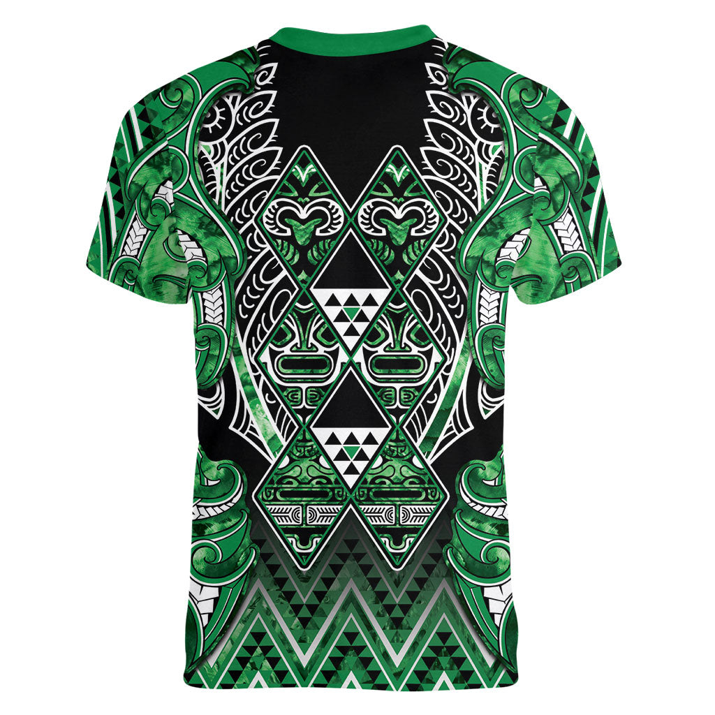 Aotearoa Ngati Maniapoto Women V-Neck T-Shirt Maori Tribal Green Paua Shell Pattern DT05 - Polynesian Pride