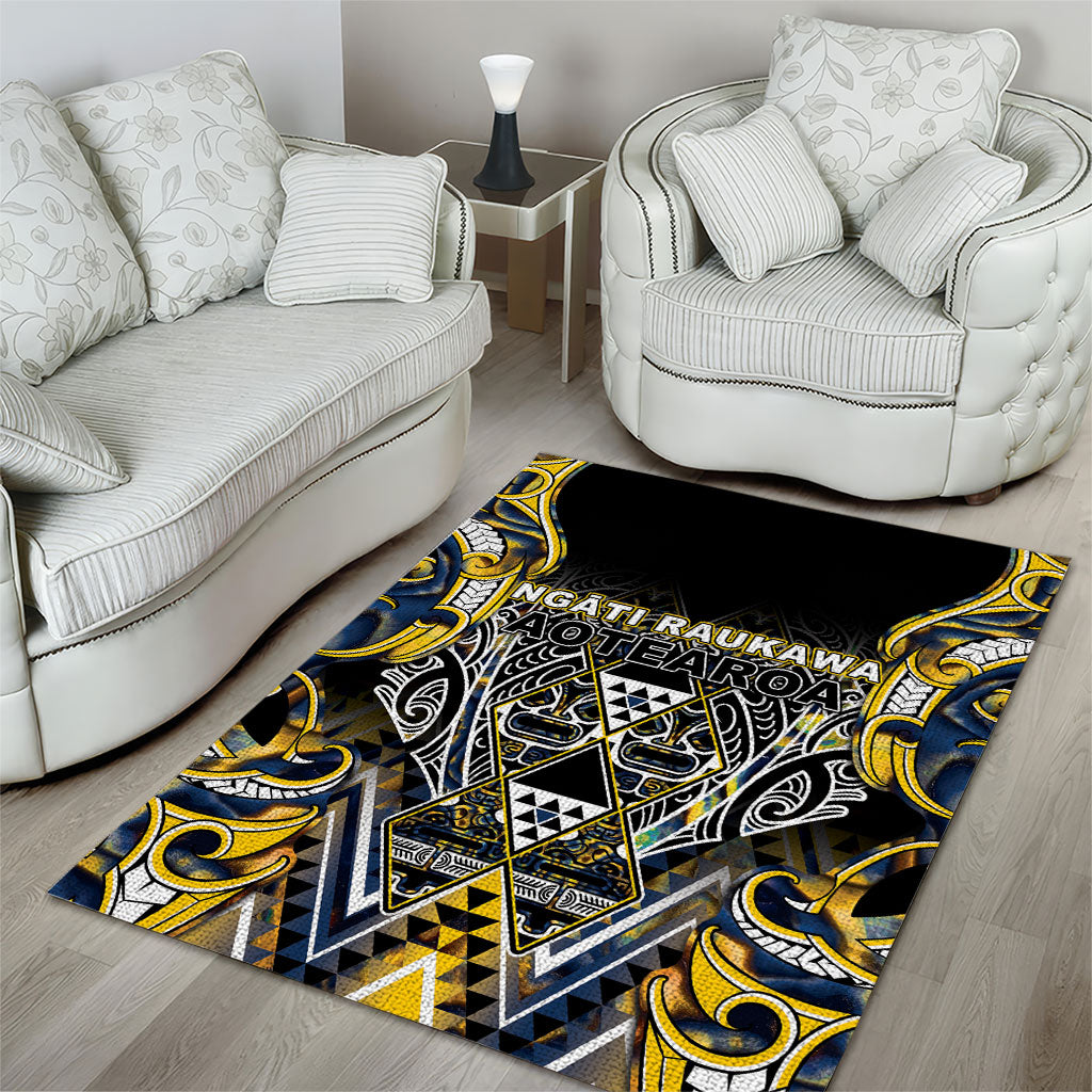 Aotearoa Ngati Raukawa Area Rug Maori Tribal Yellow And Navy Paua Shell Pattern DT05 - Polynesian Pride