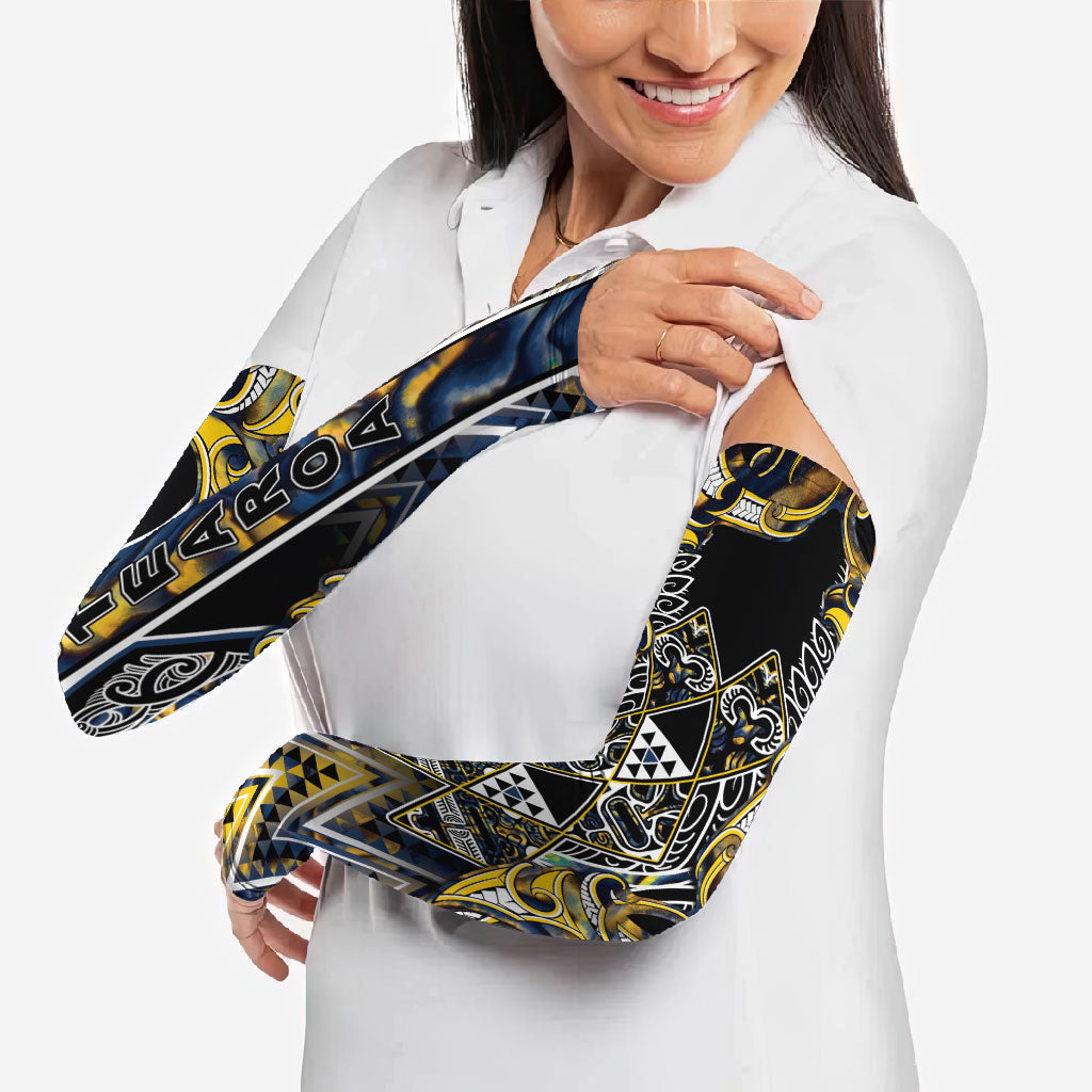 Aotearoa Ngati Raukawa Arm Sleeves Maori Tribal Yellow And Navy Paua Shell Pattern DT05 - Polynesian Pride
