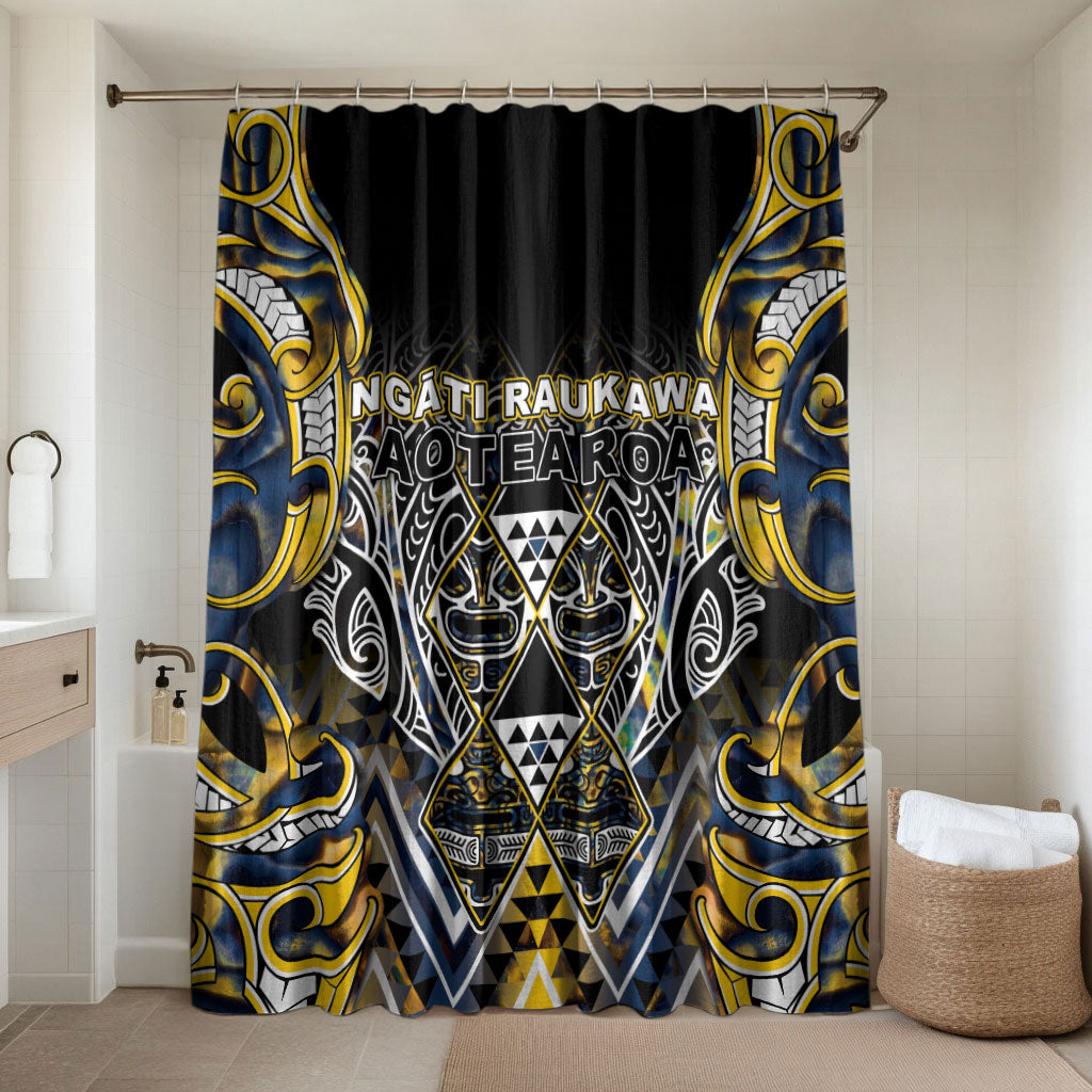Aotearoa Ngati Raukawa Bathroom Set Maori Tribal Yellow And Navy Paua Shell Pattern DT05 Shower Curtain Only Yellow - Polynesian Pride