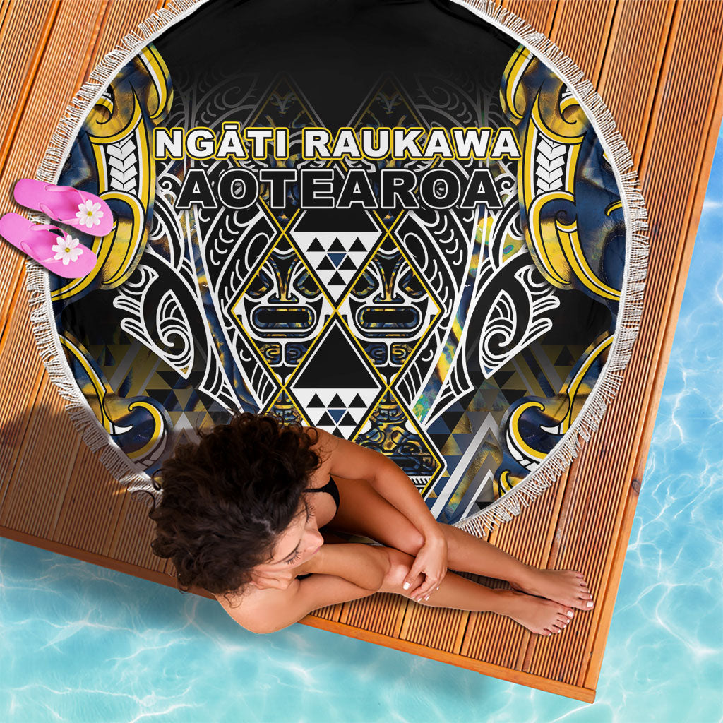 Aotearoa Ngati Raukawa Beach Blanket Maori Tribal Yellow And Navy Paua Shell Pattern DT05 - Polynesian Pride