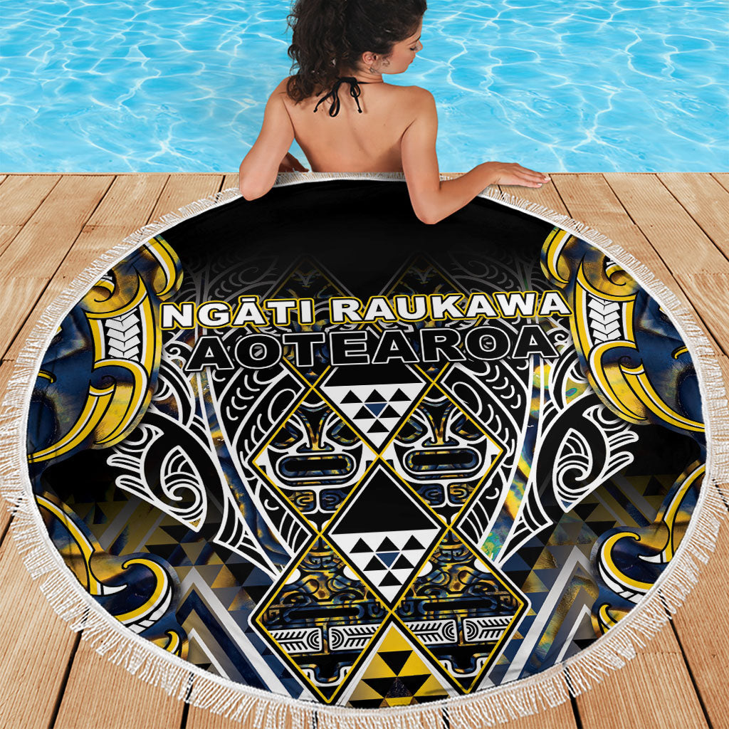 Aotearoa Ngati Raukawa Beach Blanket Maori Tribal Yellow And Navy Paua Shell Pattern DT05 - Polynesian Pride