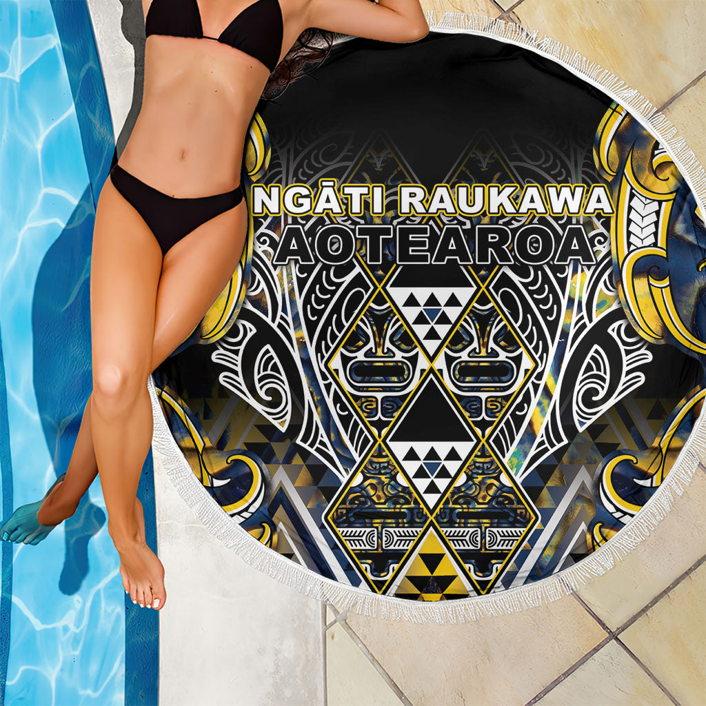 Aotearoa Ngati Raukawa Beach Blanket Maori Tribal Yellow And Navy Paua Shell Pattern DT05 - Polynesian Pride