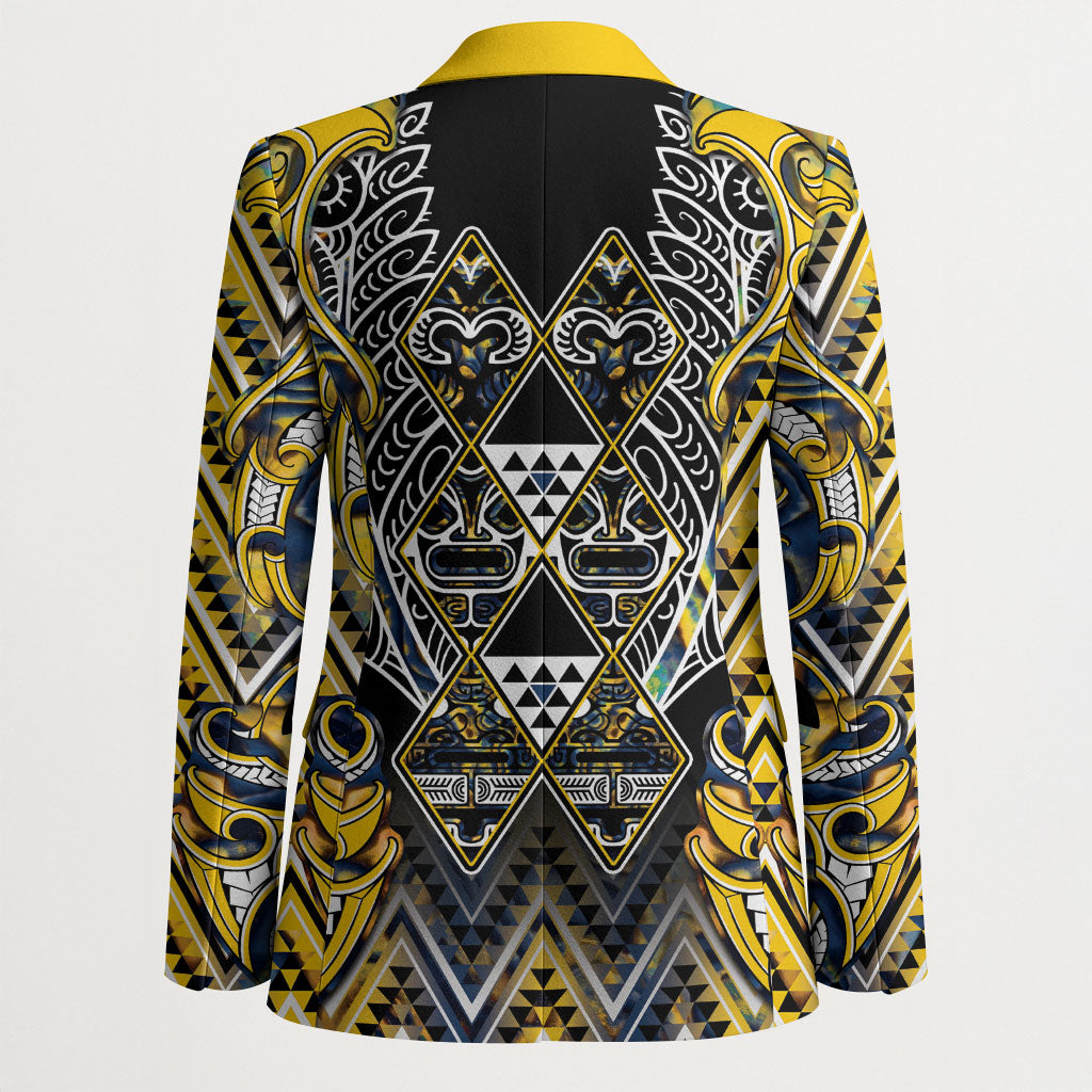 Aotearoa Ngati Raukawa Blazer Maori Tribal Yellow And Navy Paua Shell Pattern DT05 - Polynesian Pride
