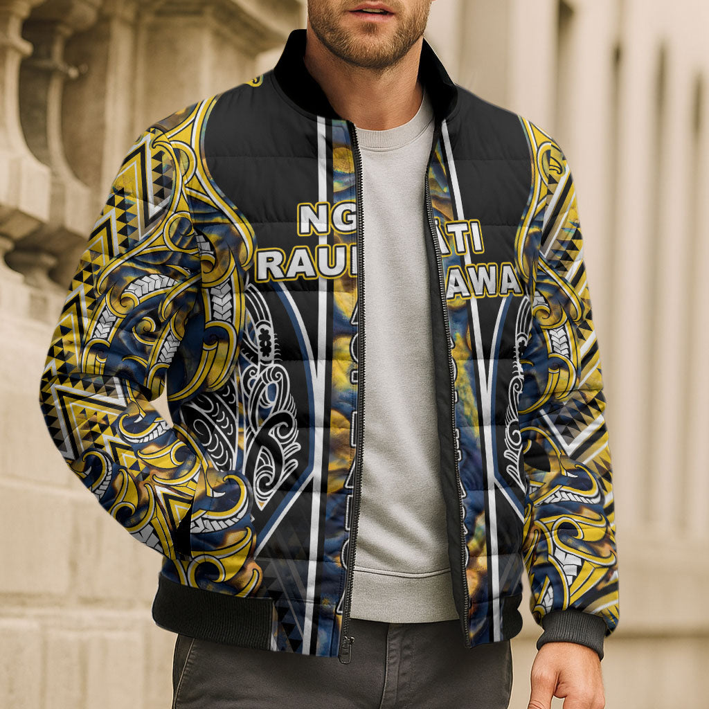 Aotearoa Ngati Raukawa Bomber Puffer Jacket Maori Tribal Yellow And Navy Paua Shell Pattern DT05 - Polynesian Pride