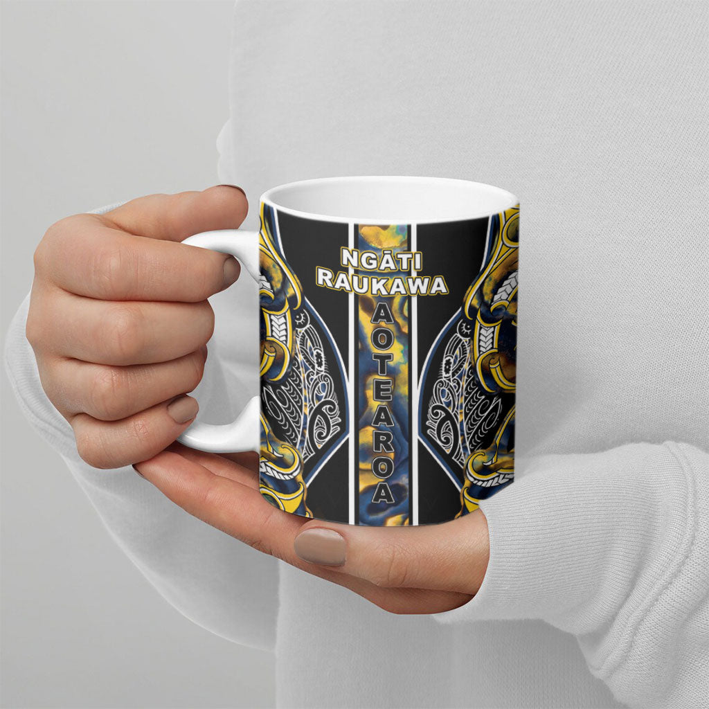 Aotearoa Ngati Raukawa Ceramic Mug Maori Tribal Yellow And Navy Paua Shell Pattern DT05 - Polynesian Pride