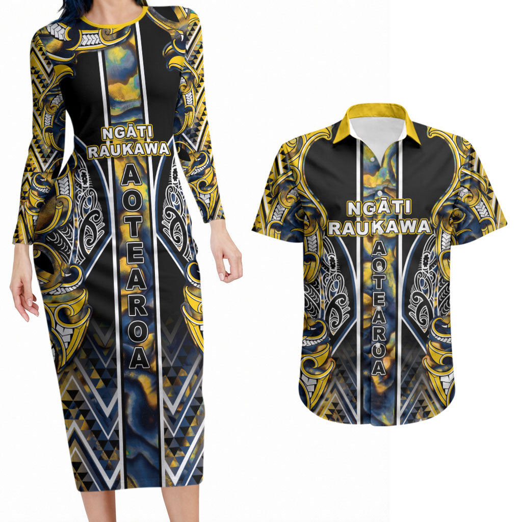 Aotearoa Ngati Raukawa Couples Matching Long Sleeve Bodycon Dress and Hawaiian Shirt Maori Tribal Yellow And Navy Paua Shell Pattern DT05 Yellow - Polynesian Pride